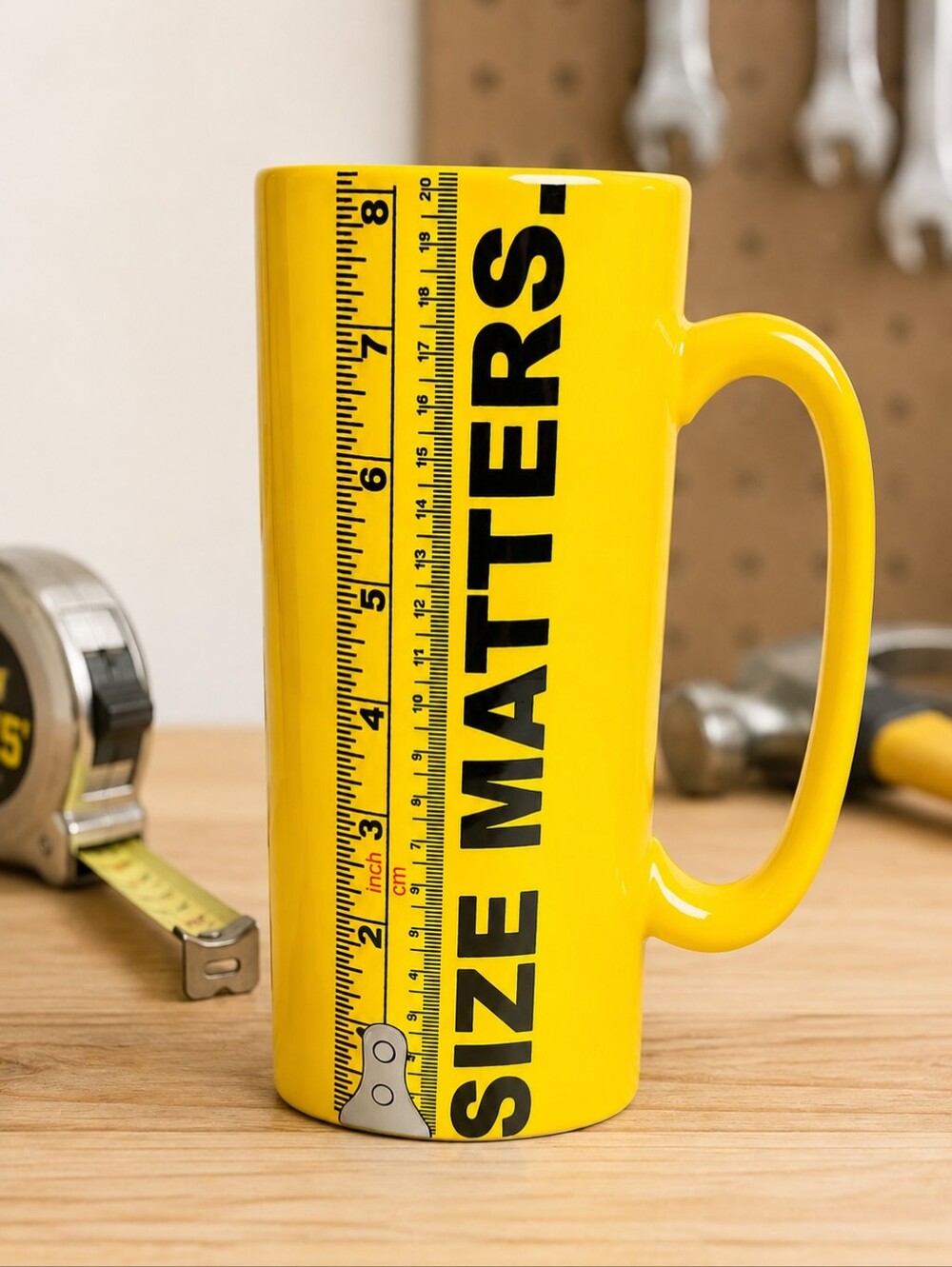 Bigmouth Size Matters Jumbo Mug Ceramic XL Coffee Tea Cup Yellow Ruler 30 oz 8"